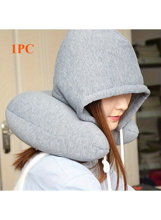 Light Grey Ergonomic Travel Neck Pillow With Noise Reducing Hood For Airplane Train Office - Image 3